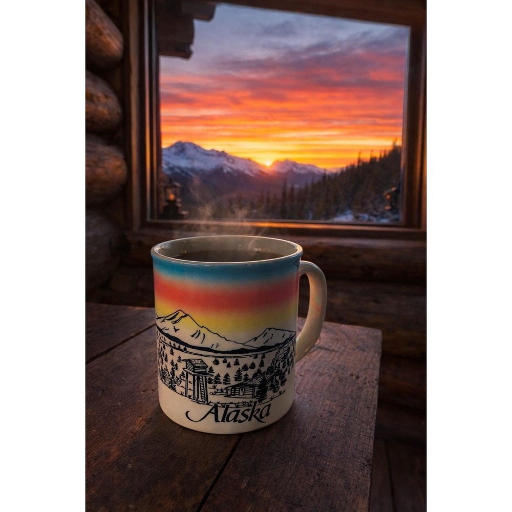 VTG Alaska Embossed Souvenir Coffee Cup Mug Skyline Sunset Mountains Travel